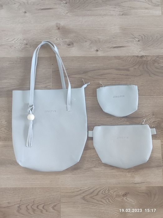 Zestaw szara torebka i dwie saszetki do kompletu