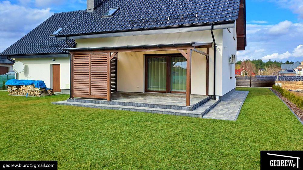 Zadaszenie tarasu pergola przyścienna żaluzje ruchome 7,2x4m