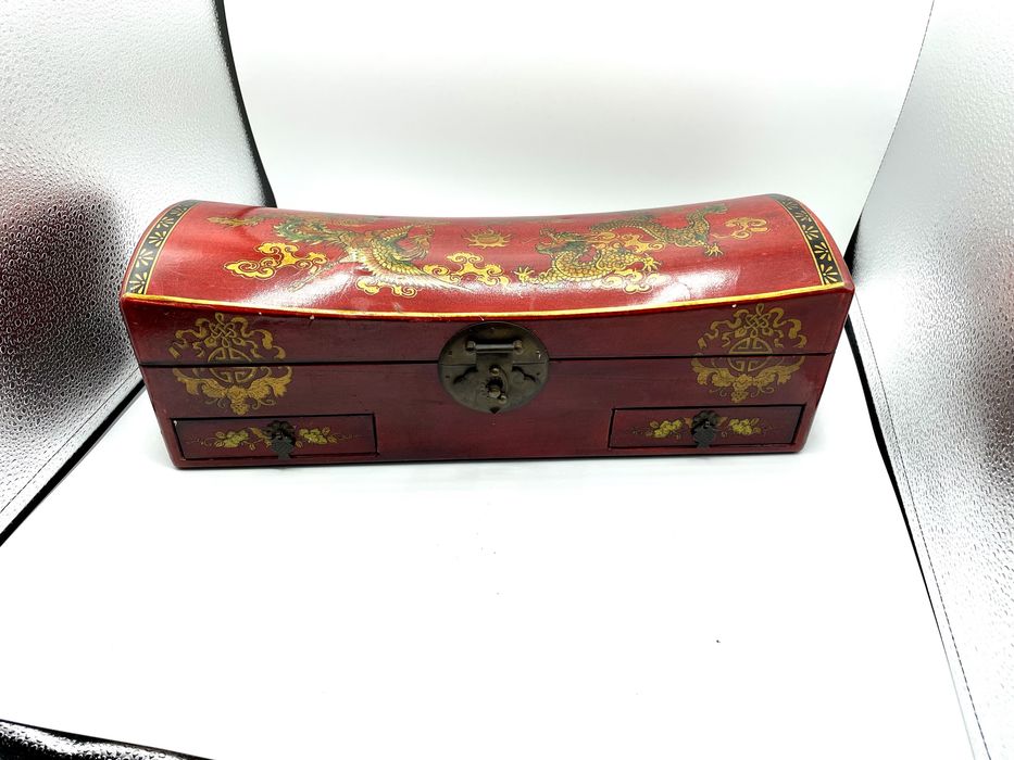 Caixa antiga madeira lacada vermelho, oriental, chinesa