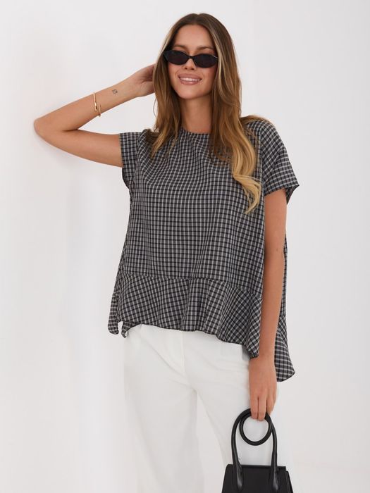 Czarna Bluzka Damska Kratka Oversize Letnia Falbana Casual Italy Moda