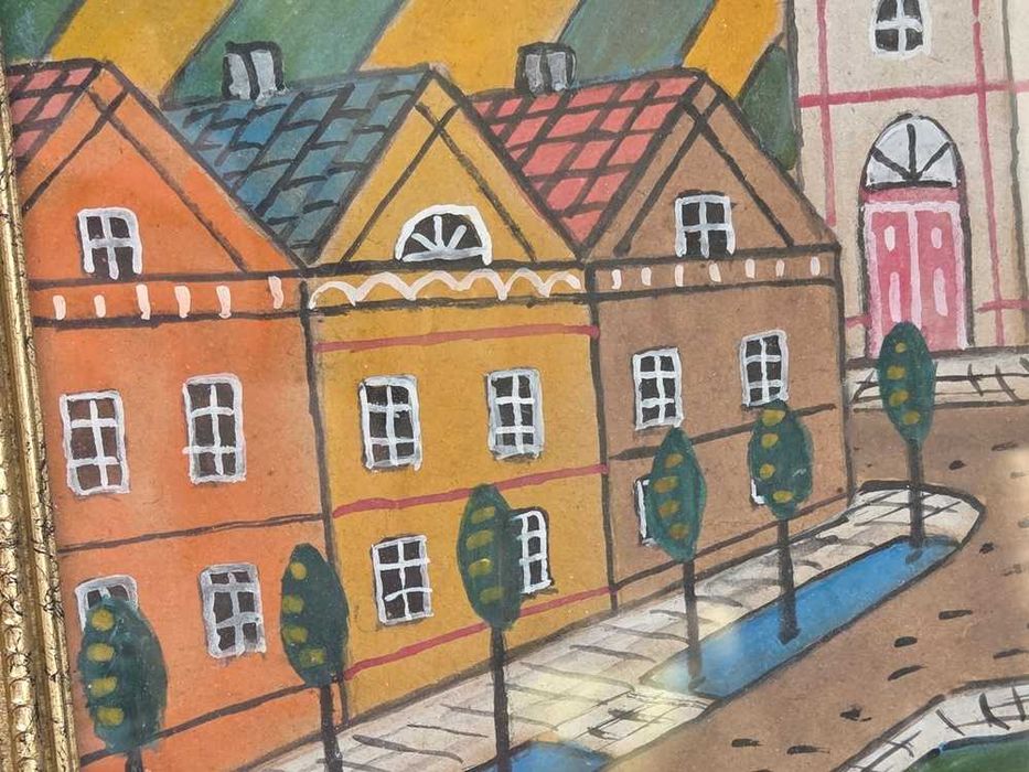 Stary obraz akwarela widok miasta z kościołem Nikifor (35 x 30 cm)