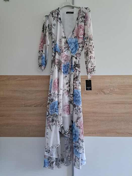 Elegancka piękna długa kopertowa sukienka w kwiaty LOUDRESS 38 M