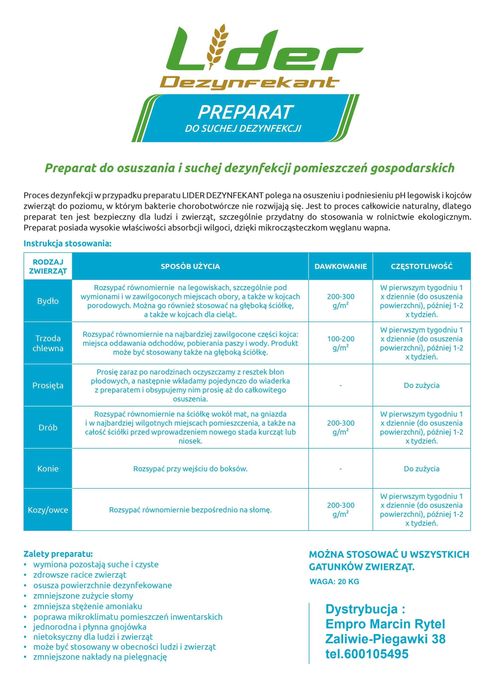 Lider dezynfekant, preparat do osuszania i dezynfekcji legowisk 25kg