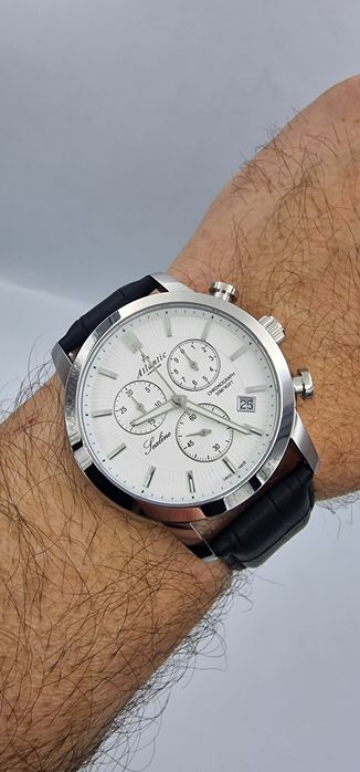 Wielki Atlantic Sealine Chronograph Silver + White  - szafir - skóra Swiss Made