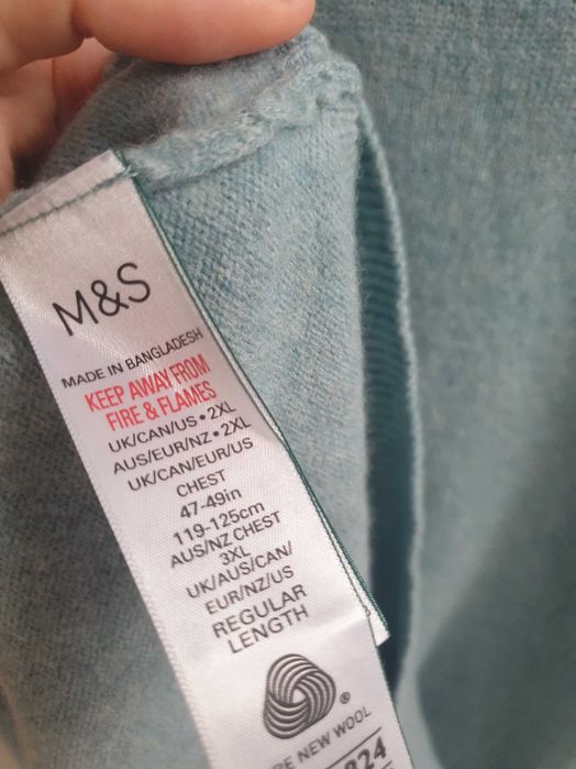 Turkusowy niebieski sweter męski 100% wełna wełniany XL 2XL M&S