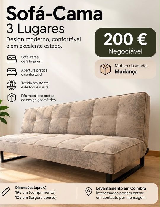 Sofá-Cama de 3 Lugares – Design Moderno (195 cm)Sofá-Cama de 3 Lugares – Design Moderno (195 cm)
