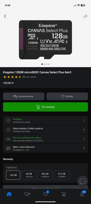 Kingston  128GB microSDXC 150MB/s C10 UHS-I U1 z adapterem bardzo szybka