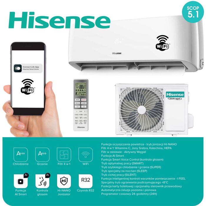 4.8 KW Hisense ENERGY PRO Ai Klimatyzator Grzanie A+++ 48m2  54% RABAT