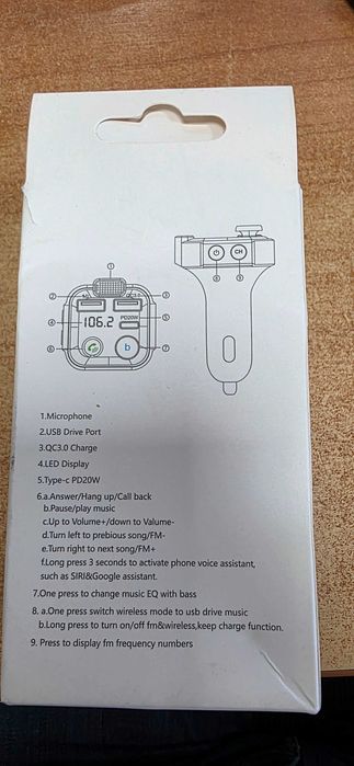 Transmiter Bluetooth samochodowy FM USB 3.0A + 1.0A QC USB-C  MP3