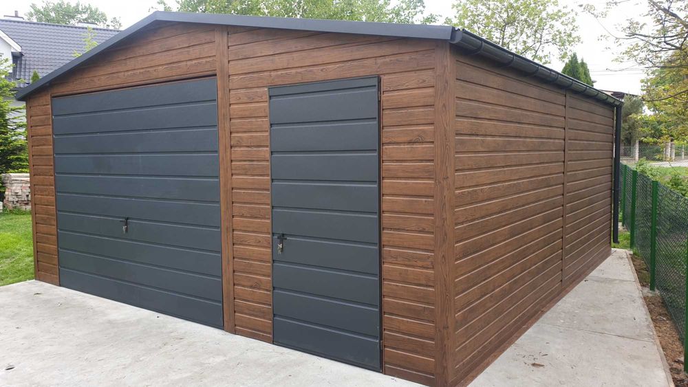 Garaż blaszany 10x7 grafit mat bramy złoty dąb