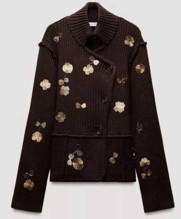 Zara kardigan ze złotymi detalami. kwiatkami, kwiatami 3D L XL