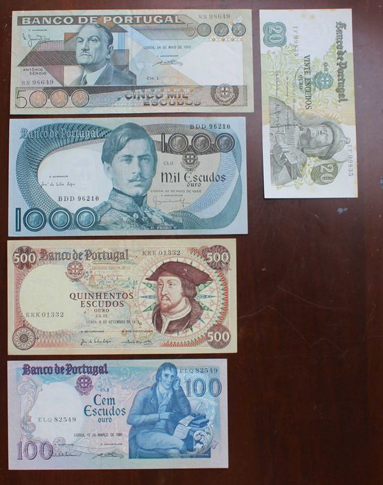 5 Notas Novas de Escudos dos anos 1968 a 1985