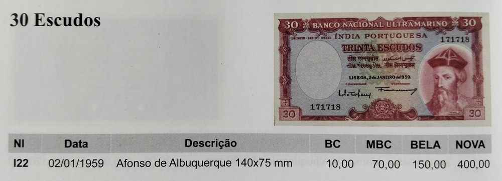 Nota 30$ 1959 Índia Portuguesa Excelente Estado Rara