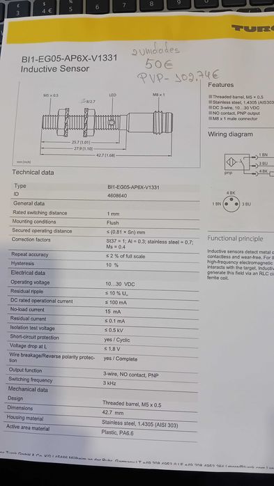 Sensor indutivo 5mm 24vdc PNP TURCK - 2 UNIDADES