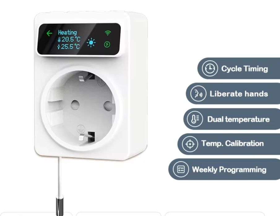 Wifi Термостат-розетка з дисплеєм та зовнішнім датчиком (Tuya)