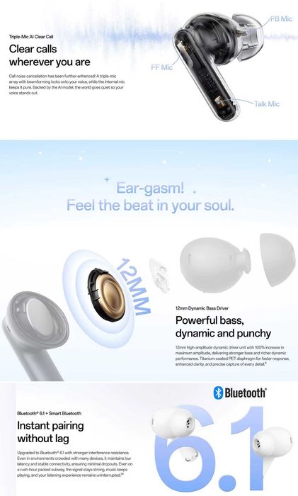 Бездротові навушники OPPO Enco Air5, AI Voice Enhancer, TWS з активним шумозаглушенням ANC 52 дБ, Bluetooth 6.1, 54 год роботи, НОВІ з пломбою