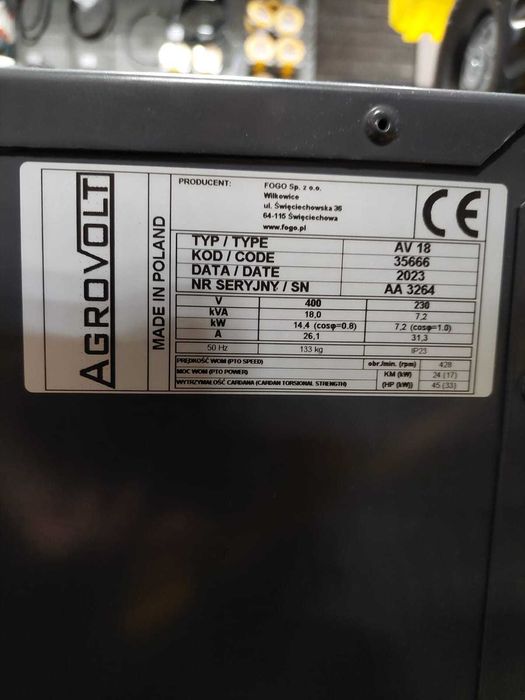 Agregat prądotwórczy na wałek WOM 18kVA AGROVOLT