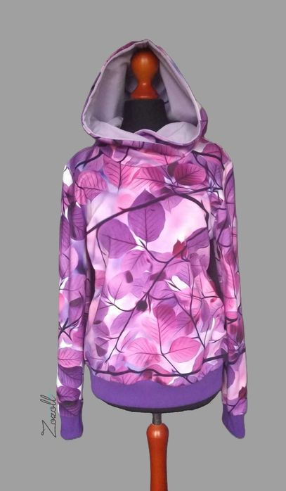 Bluza damska z kapturem w fioletowe liście rozmiar M Handmade