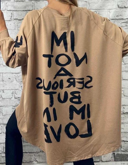 Mega bluzy z napisami r.Uni 50/52/54/56 OVERSIZE beżowa