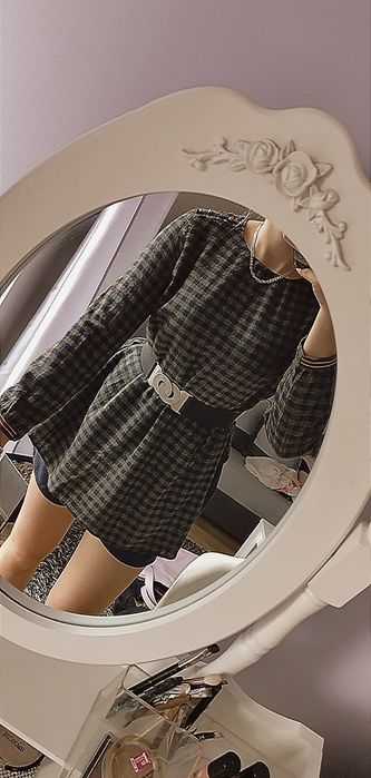 kombinezon Zara L zielono czarny w pepitkę krótki z długim rękawem