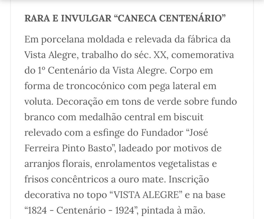 Vista Alegre - Caneca Centenaria