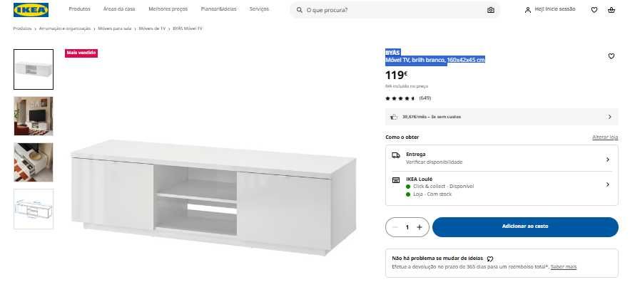 Móvel TV lacado Branco (NOVO) Ikea