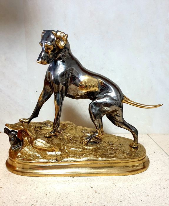 Antiga escultura em bronze - cão com coelho- Jules Moigniez