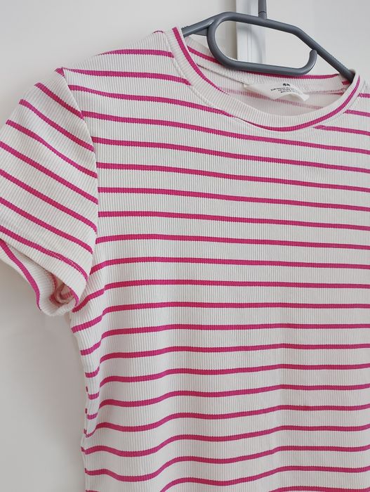 Koszulka T-shirt dziewczęcy H&M w paski r. 158/164 różowo-biały top basic