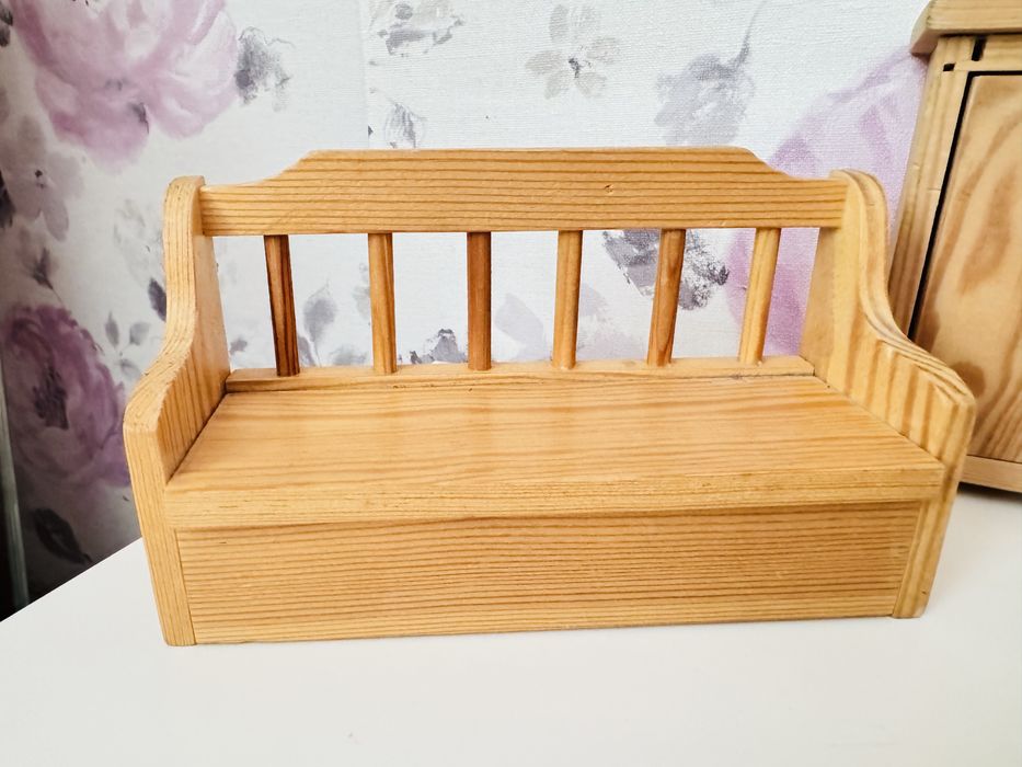 Drewniane mebelki do domku dla lalki/Maileg,szafa,stół,ławka retro