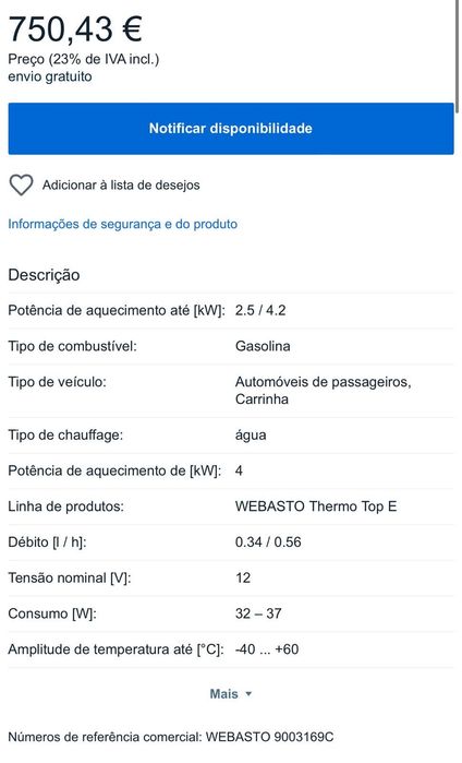 Aquecimento estacionário Webasto Thermo Top E Gasolina