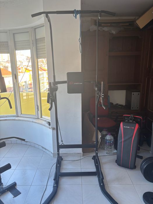 Kit ginásio em casa completo – banco, power station, halteres, barra e discos – 150€