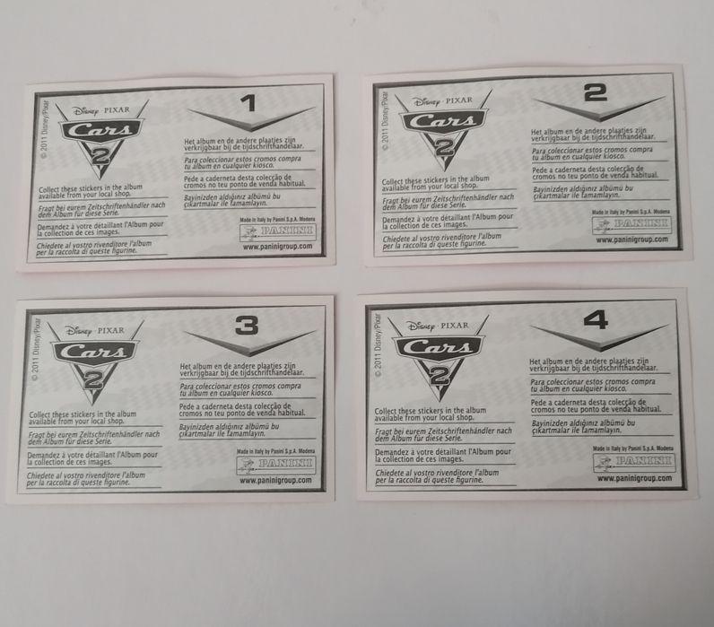 4 cromos da colecção Cars 2 Disney Pixar, edição 2011 da Panini