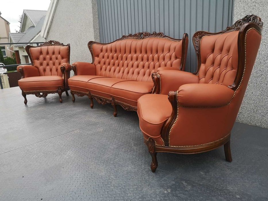 Cudowny komplet po renowacji! Koniakowa skóra! Sofa i dwa fotele!
