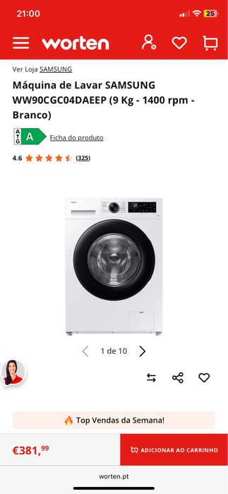 Máquina de Lavar SAMSUNG WW90CGC04DAEEP (9 Kg - 1400 rpm - Branco)