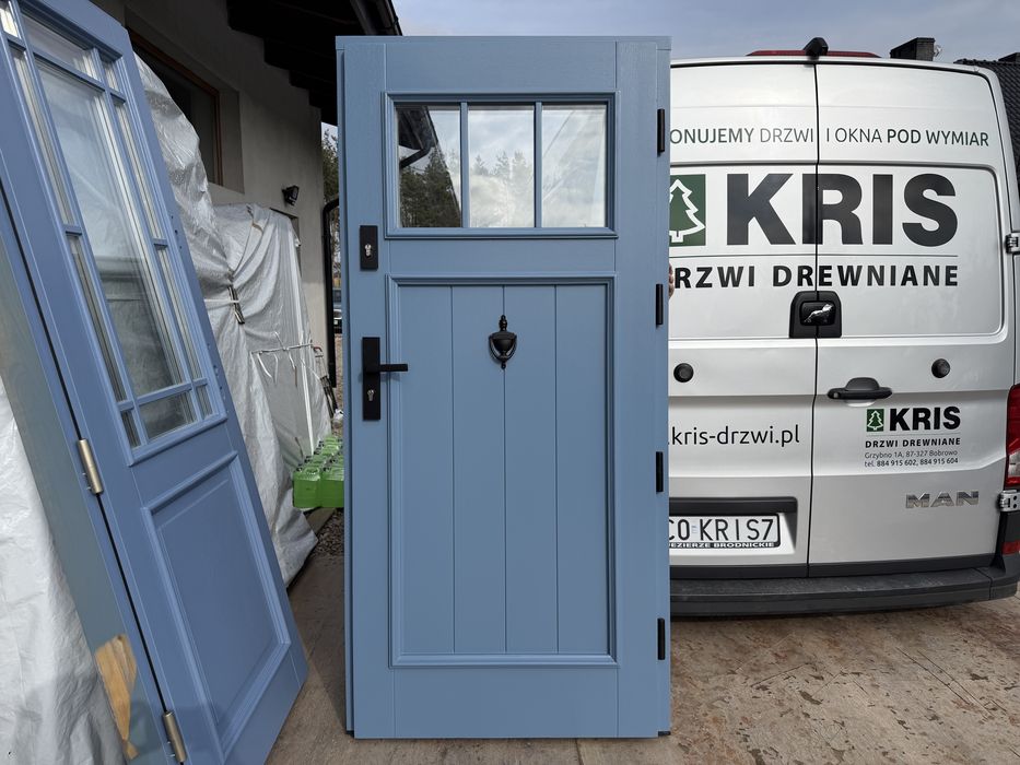 Drzwi zewnętrzne drewniane niebieskie wejściowe Cała Polska