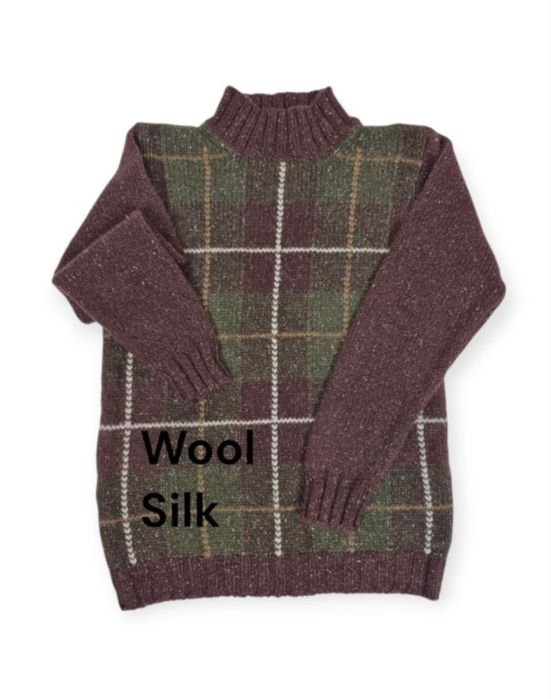 SCOTT OFFICER Sweter M Wełna & Jedwab Półgolf Brąz Krata Premium