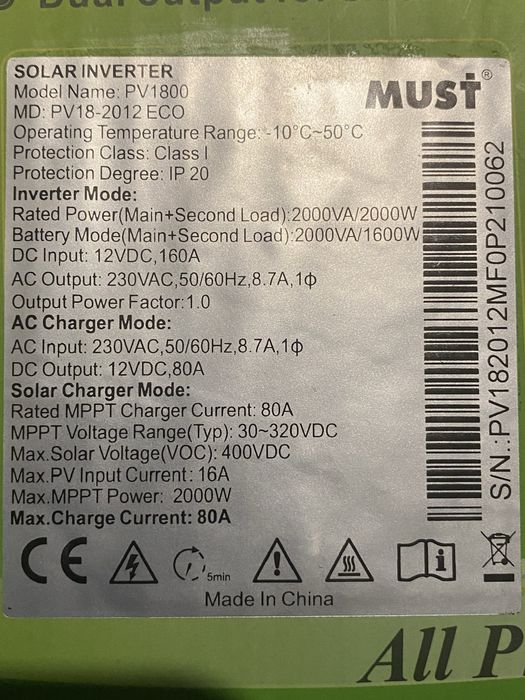 Iнвектори 2 кiловати 12 вольт 13,000 SOLAR 3,6 кiловати 24 вольт 15000