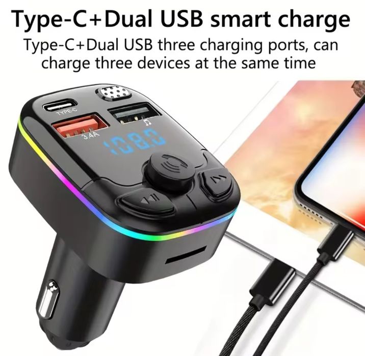 NOWY Transmiter Bluetooth z 2x USB, 1x USB-C, podświetlenie LED