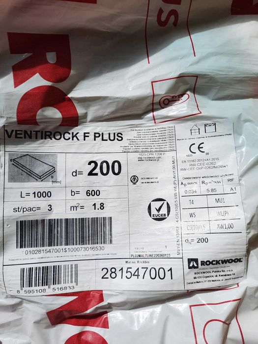 Wełna ROCKWOOL VENTIROCK F PLUS  GRUBOŚĆ 200 - 20 opakowań, nowa