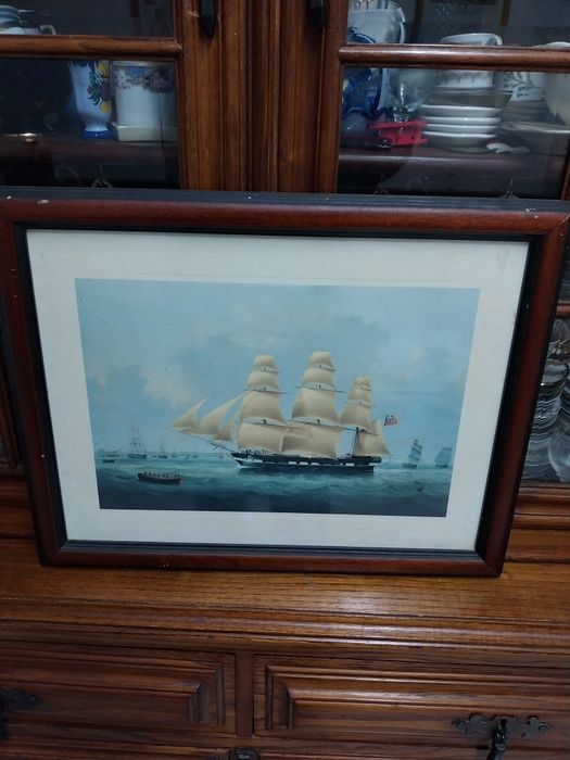 Quadro com gravura inglesa com embarcaçao.