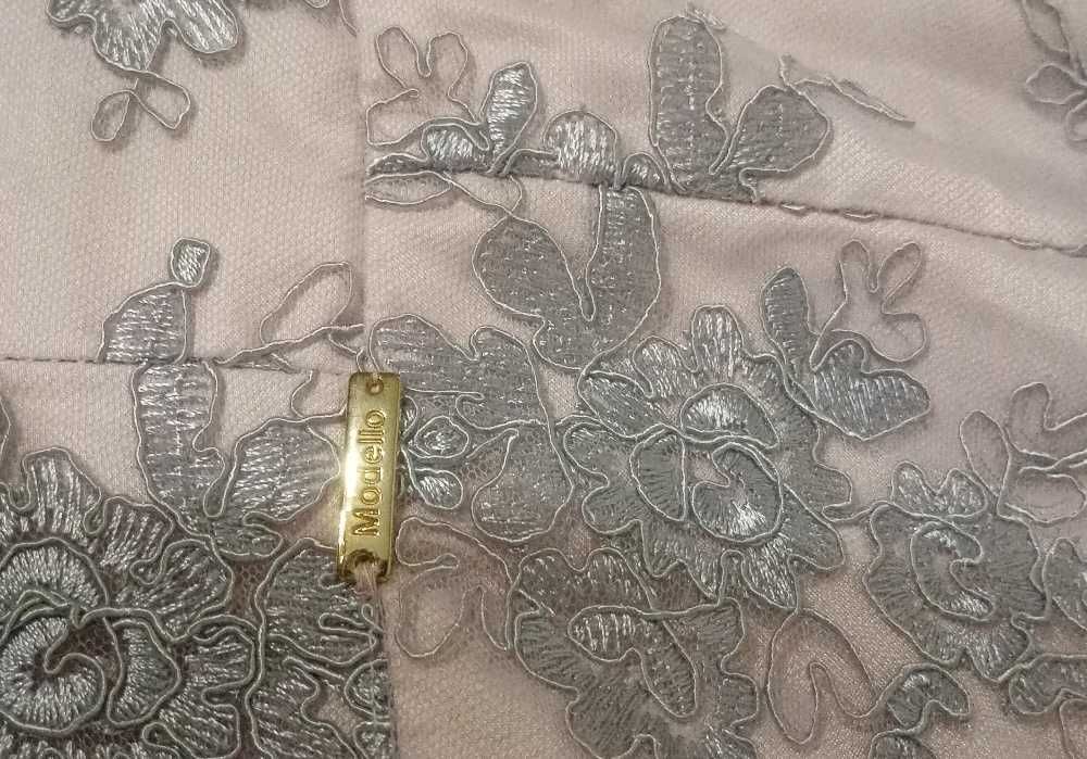 Elegancka suknia wieczorowa   MODELLO Różowa satyna i srebrna koronka