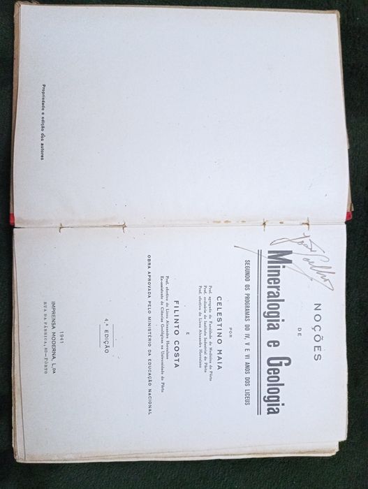 Noções de Mineralogia e Geologia: IV, V e VI  Anos dos Liceus -1941