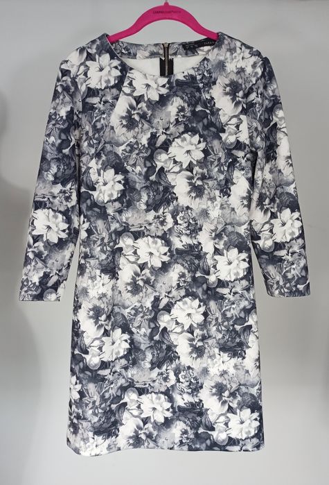 ZARA 38 M Czarno biało szara krótka sukienka w piękne kwiaty retro