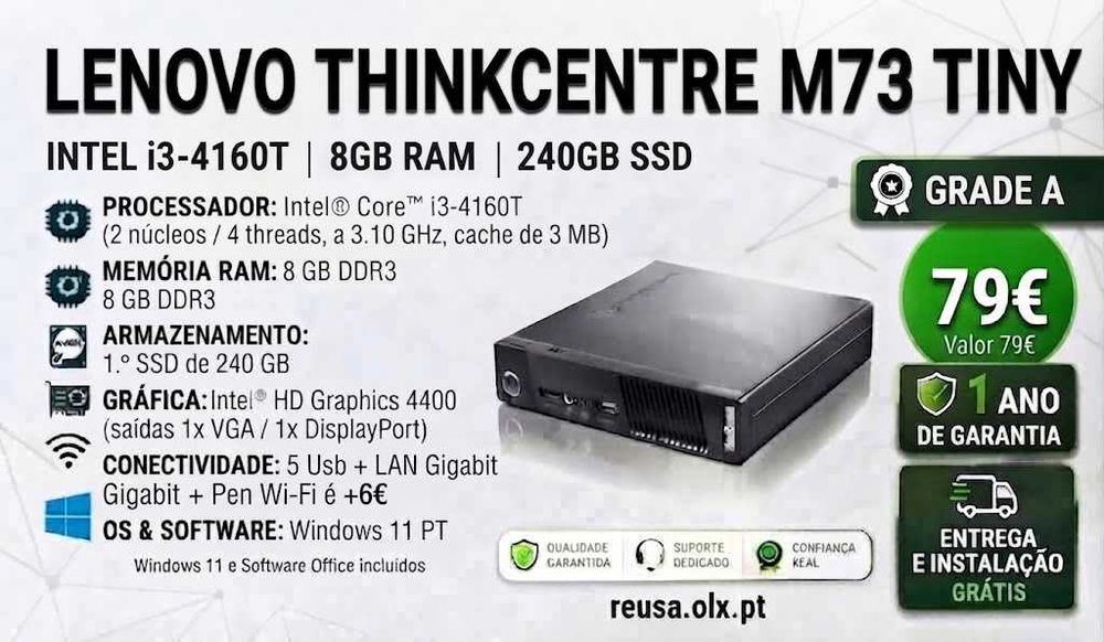 Mini PC Lenovo ThinkCentre M73 Tiny 4ªGen. | i3-4160T-3.1G | 8G-DDR3 | SSD 240GB | W11