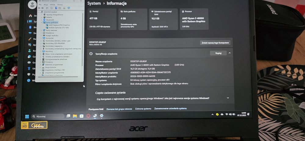 Laptop Acer Nitro 5 AN515-44-R2R3 Ryzen 5 16GB 512GB GTX1650 15,6cala