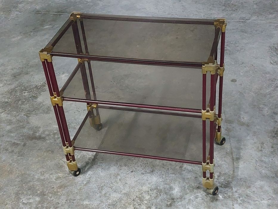 Carrinho de Bar metal tubular lacado Bordeaux e vidro fumado, Anos 70