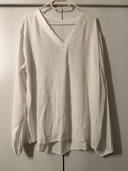 Biała elegancka bluzka koszula 100% wiskoza włoska dekolt serek v-neck oversize
