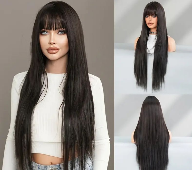 PERUCA PRETA, comprida com franja-100% Natural