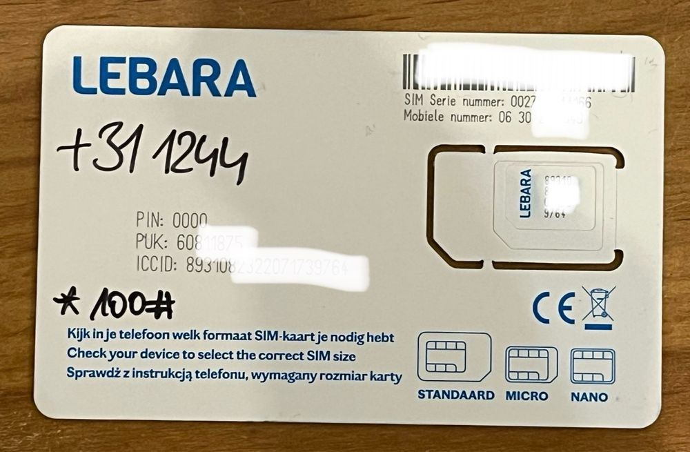 Lebara NL +31 SIM karta Prepaid Card Aktywne OTP