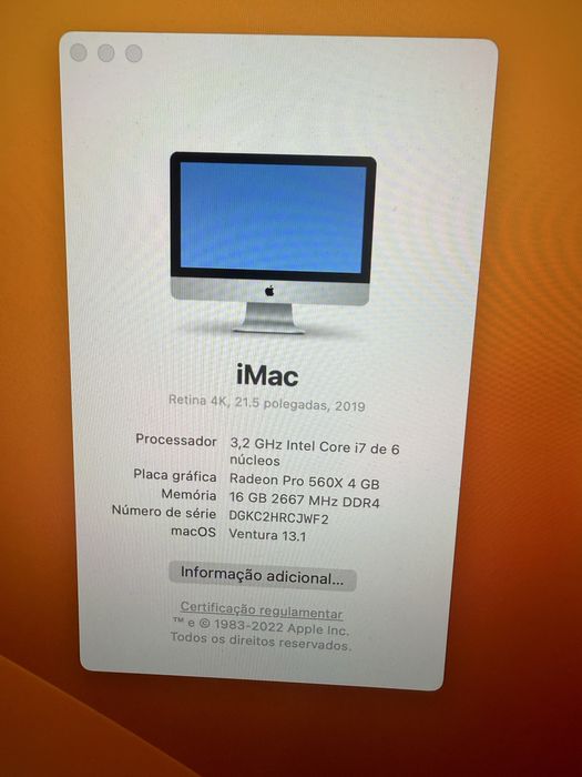 iMac 21.5’’ retina 4K, 1TB, core i7, 2019